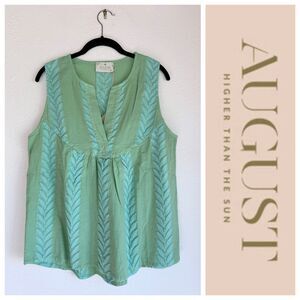 NWT August Resortwear Zakar Embroidered Laurel Leaf Blouse in Kiwi Green & Blue